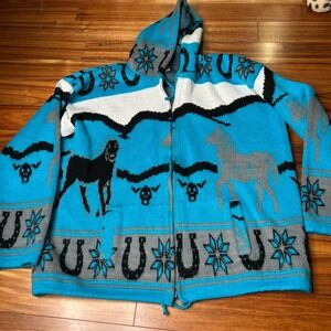 Rumiñahui Tejidos vintage Hooded knit jacket Horse Skull Western Knit Sweater